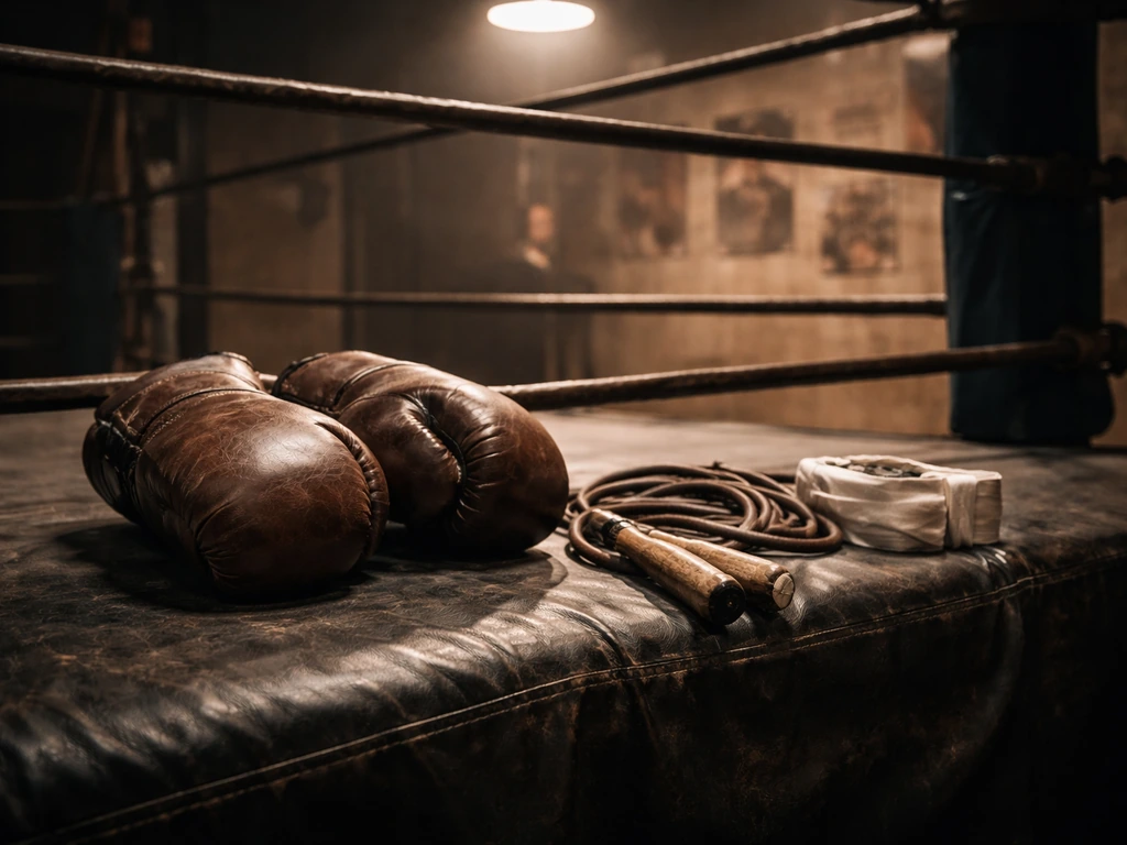 Worn boxing gloves on a gym ring apron with training gear in a softly blurred background.