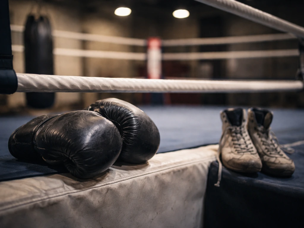 Close-up of boxing gloves and a pair of fighting stance shoes on a ring apron, evoking a welterweight boxer