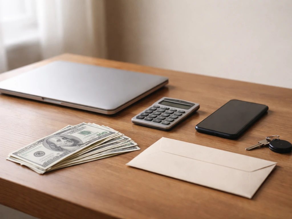 Minimal photo of a financial workflow on a desk: cash, envelope, and laptop with a calculator, no text.