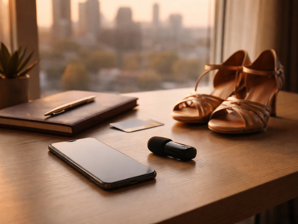 Phone, microphone, and dance items on a studio desk, symbolizing influencer brand partnerships and fees.