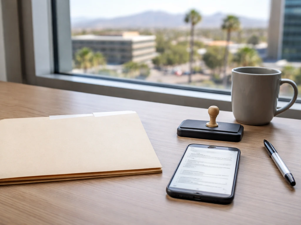 Minimal desk scene with manila folder and blurred business registry phone, hinting LLC filing without text.